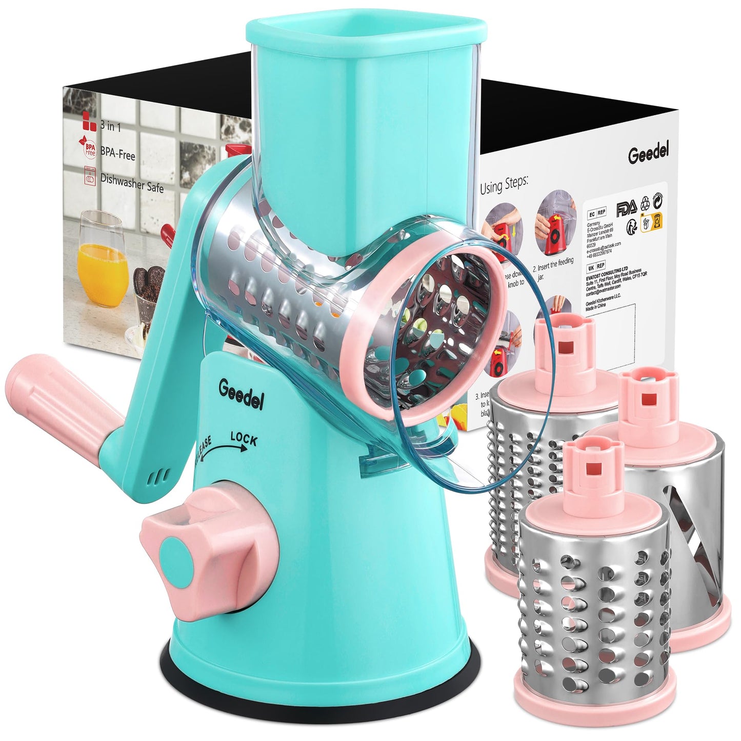 Geedel Rotary Cheese Grater Hand Crank, Cheese Shredder Vegetable Slicer