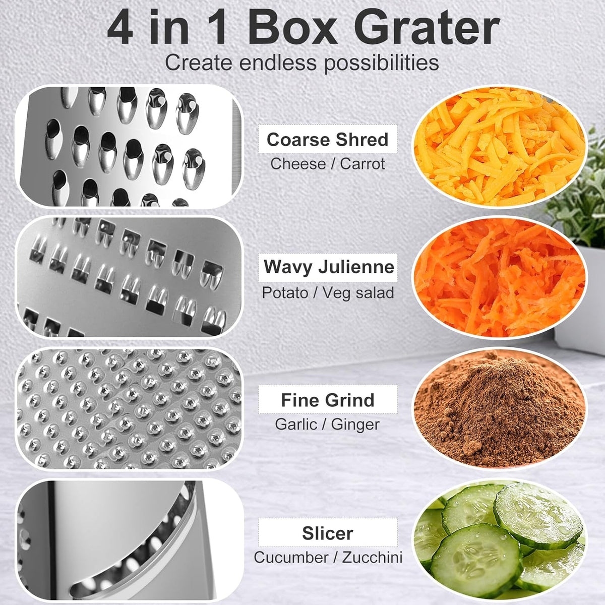 Ourokhome Cheese Grater, Handheld Box Grater with Container & Lid, 4-Sided Stainless Steel for Kitchen, Wavy Julienne, Slicer, Coarse Shred & Fine Zester, Non-Slip Base, Dishwasher Safe, 8 Inch