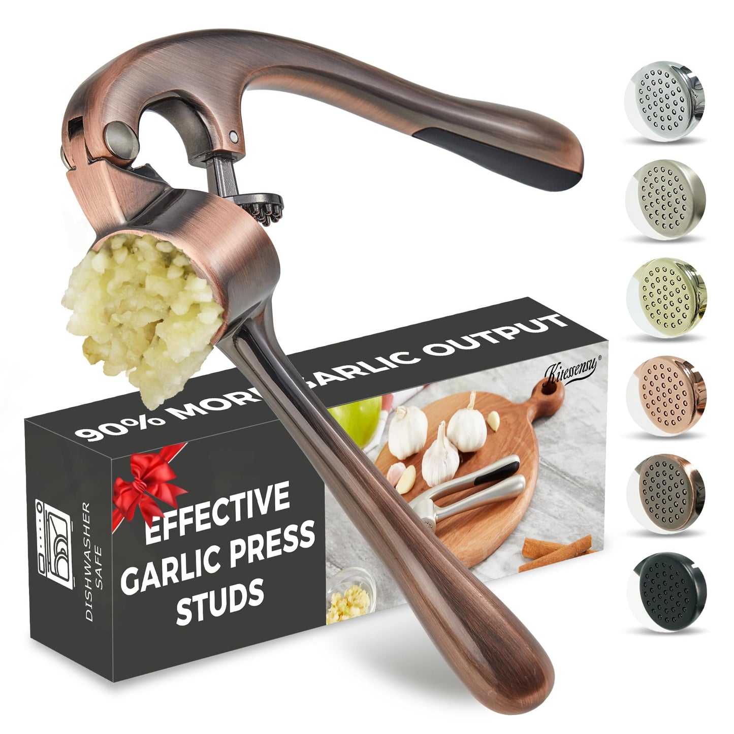 Kitessensu High Effective Garlic Press With Studs, Heavy Duty Garlic Mincer, Easy to Squeeze and Clean, Rust Proof, Ginger Crusher - Golden