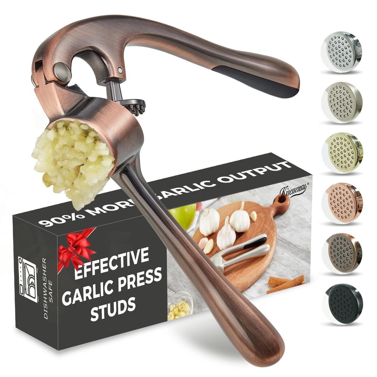 Kitessensu High Effective Garlic Press With Studs, Heavy Duty Garlic Mincer, Easy to Squeeze and Clean, Rust Proof, Ginger Crusher- Imperial Silver
