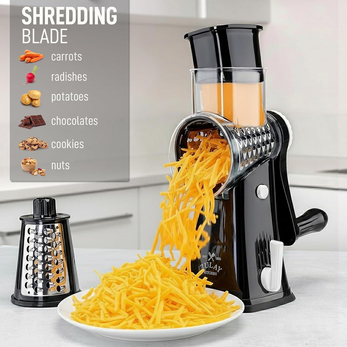 Zulay Kitchen Rotary Cheese Grater 5 Blade Cheese Shredder - Manual Hand Crank Cheese Grater With Reinforced Suction & 5 Interchangeable Drums - Easy to Use, Vegetable Chopper Round Mandoline Slicer