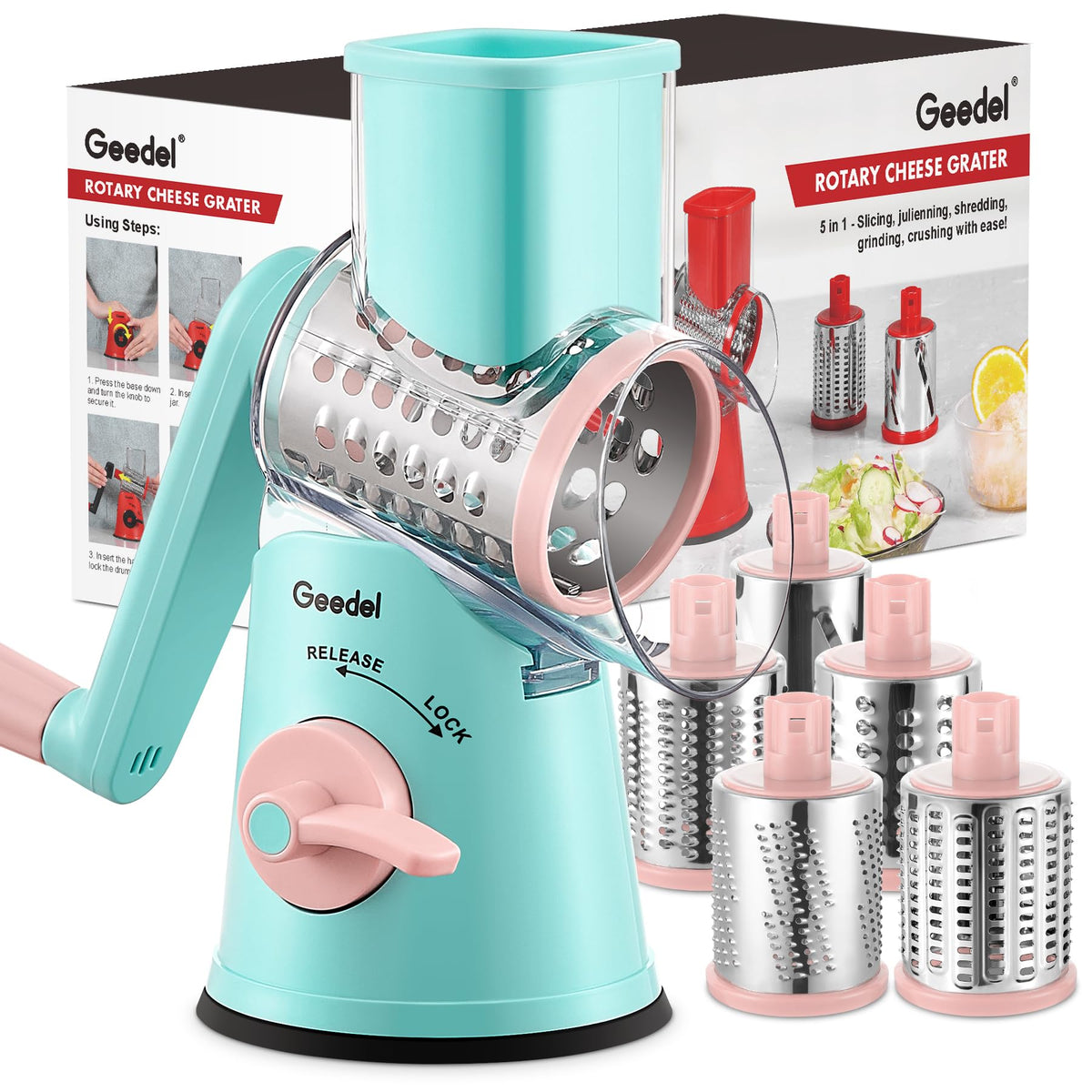 Geedel Rotary Cheese Grater Hand Crank, Cheese Shredder Vegetable Slicer