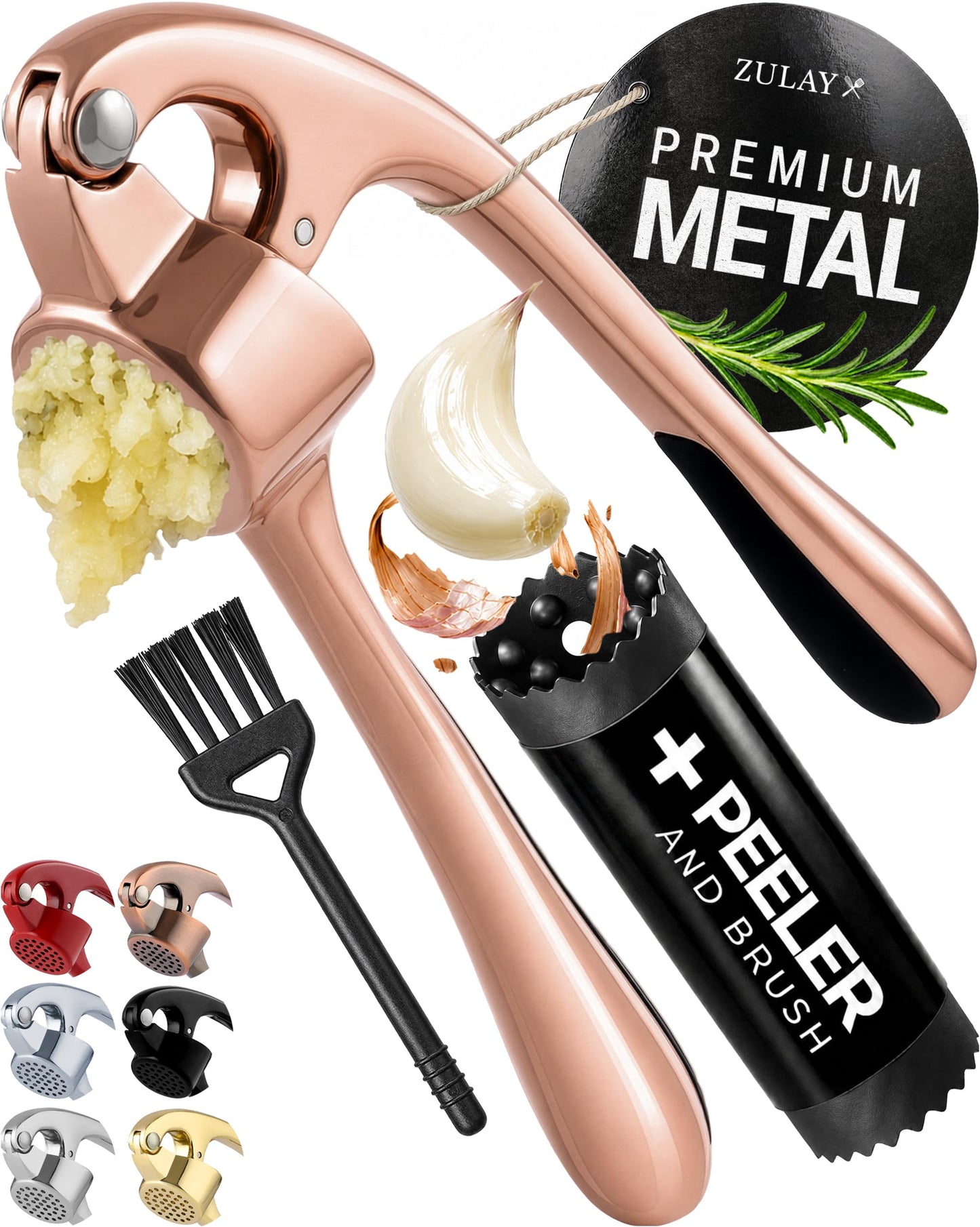 Zulay Kitchen Premium Garlic Press Set - Rust Proof Professional Garlic Mincer Tool - Easy-Squeeze, Easy-Clean with Soft, Ergonomic Handle - Silicone Garlic Peeler & Brush (Silver)