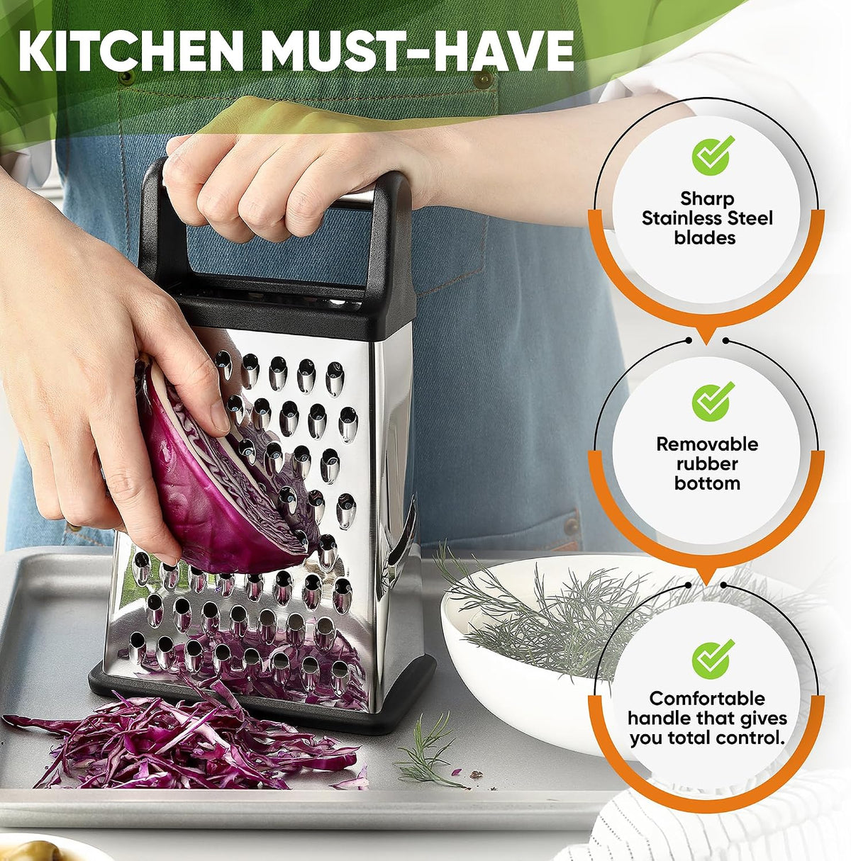 Spring Chef Stainless Steel XL Cheese Grater for Kitchen, Black