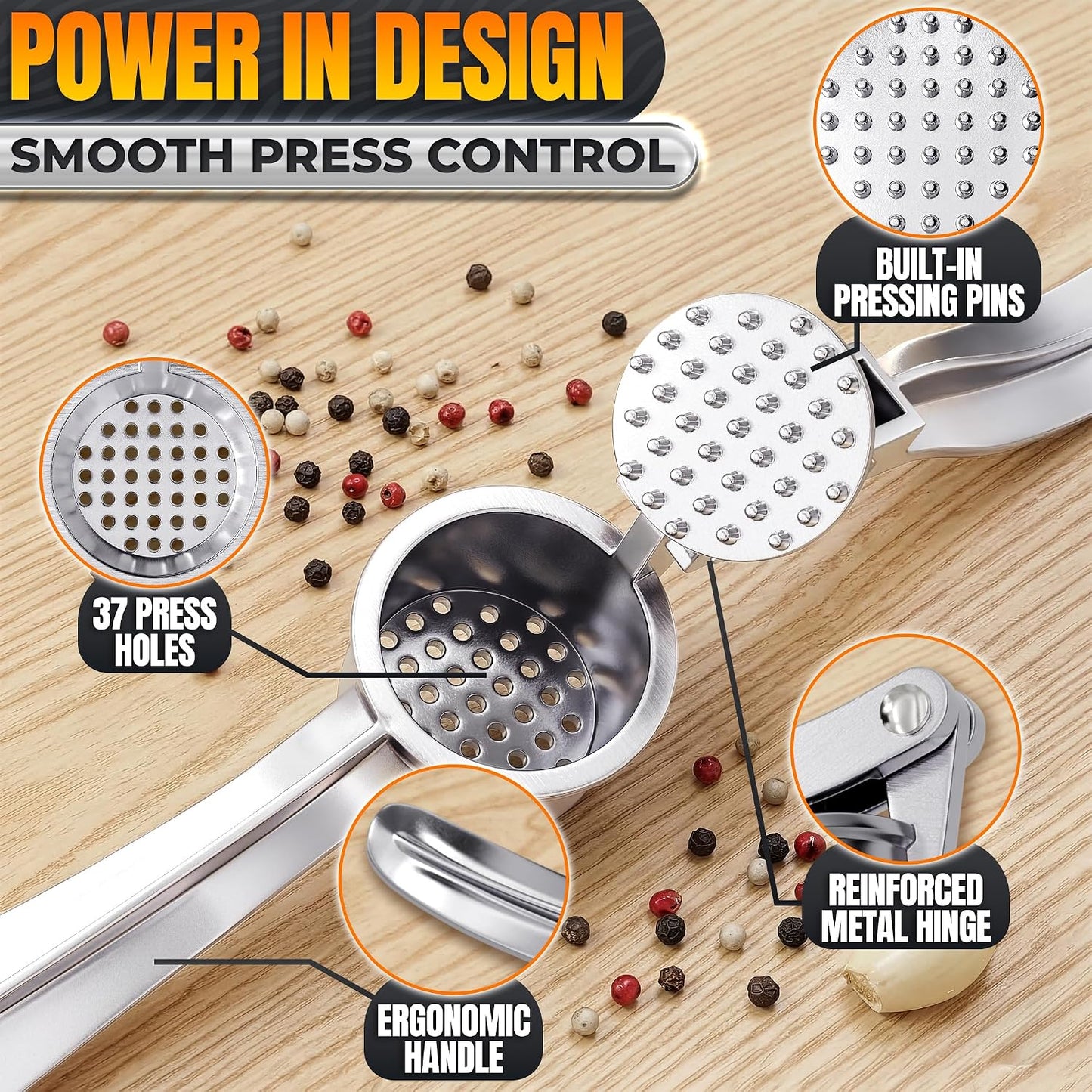 Metal Garlic Press - Ginger Mincer with 37 Built-In Studs for Maximum Extraction, Garlic Crusher for Ginger and Soft Nuts, Rust-Resistant, Ergonomic Handle, No Peel Needed, Hand Wash Only, Silver