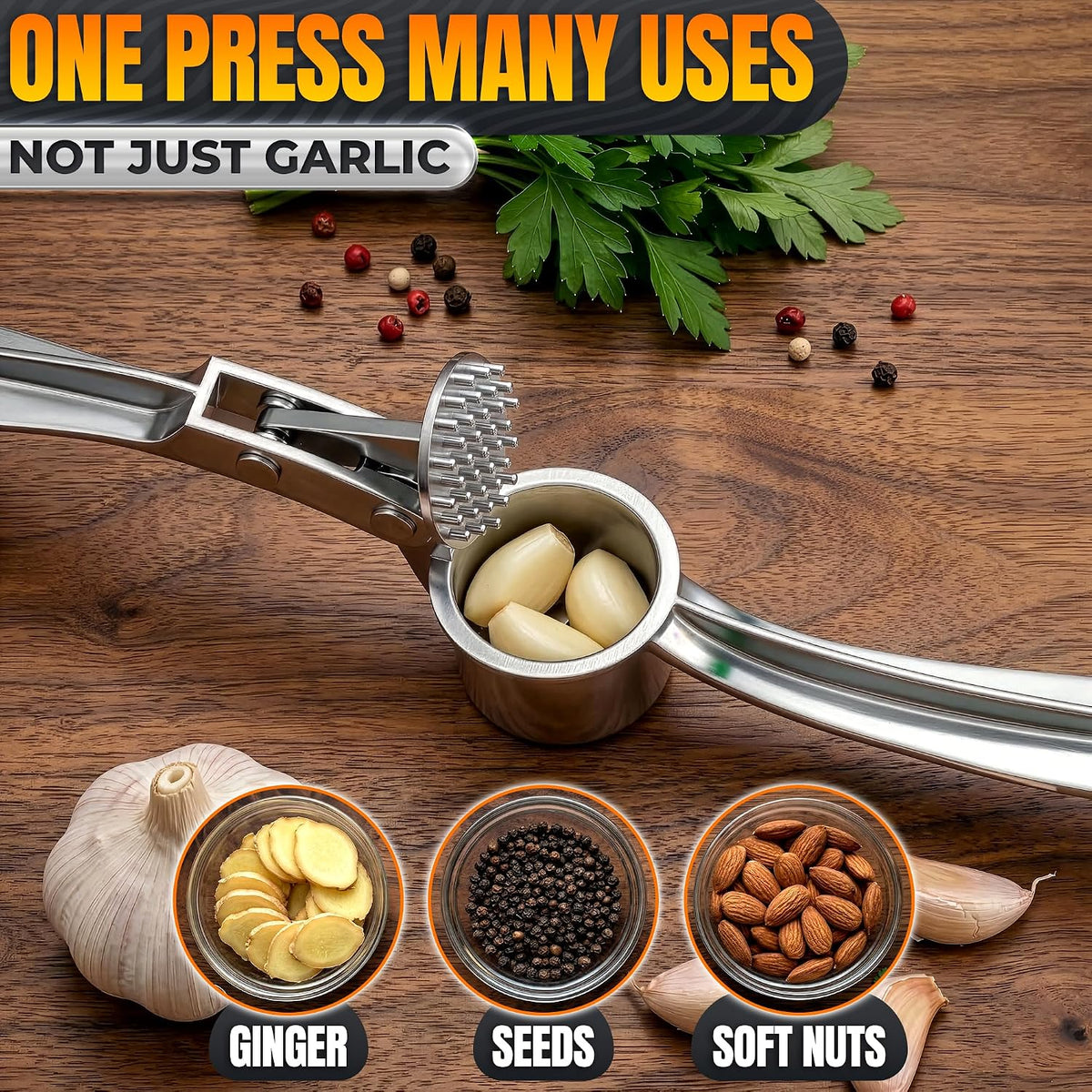 Metal Garlic Press - Ginger Mincer with 37 Built-In Studs for Maximum Extraction, Garlic Crusher for Ginger and Soft Nuts, Rust-Resistant, Ergonomic Handle, No Peel Needed, Hand Wash Only, Silver
